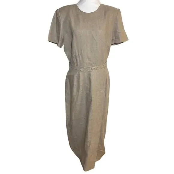 Vintage Maggy London 100% Linen Maxi Dress Beige Size 10 Belt 80s 90s Business - Picture 1 of 15
